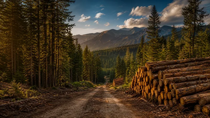 Logging road through tall evergreen forest with stacked timber, How to Start a Tree Service Business in Colorado