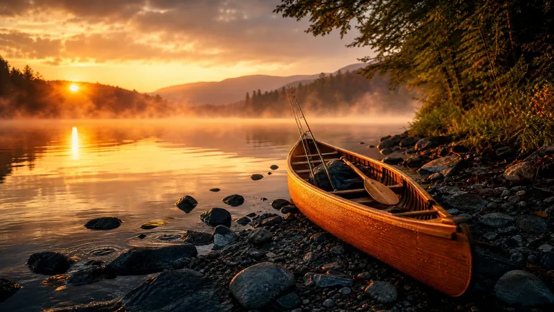 Wooden canoe with fishing rods on a misty lake shore at sunrise, How to Start a River Rafting Business in Colorado