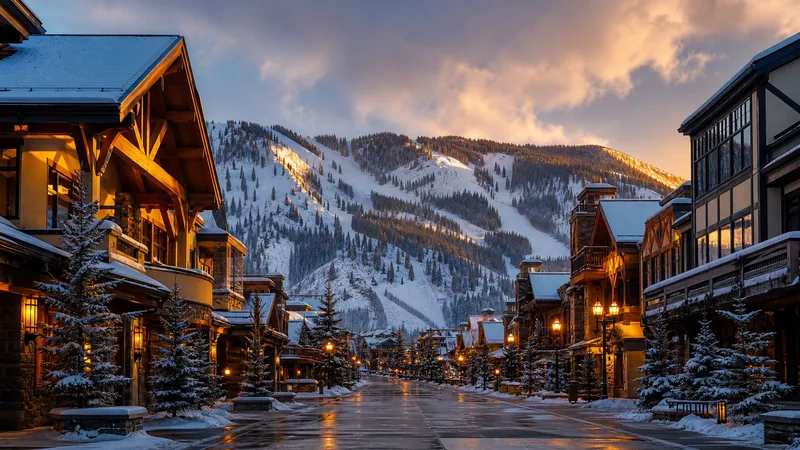 Snow-dusted mountain town main street with timber-framed shops and ski slopes above, late afternoon, Colorado Short-Term Rental Licenses