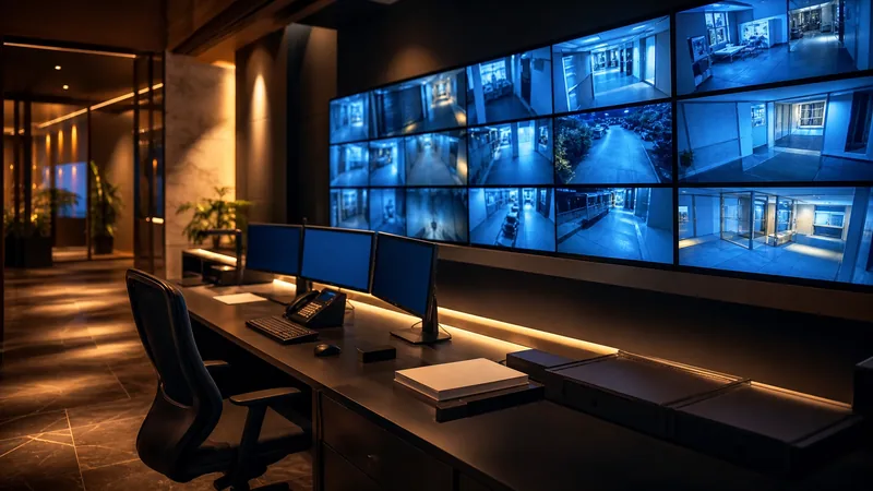 Security desk with a wall of camera monitors, Security Guard Company in Colorado